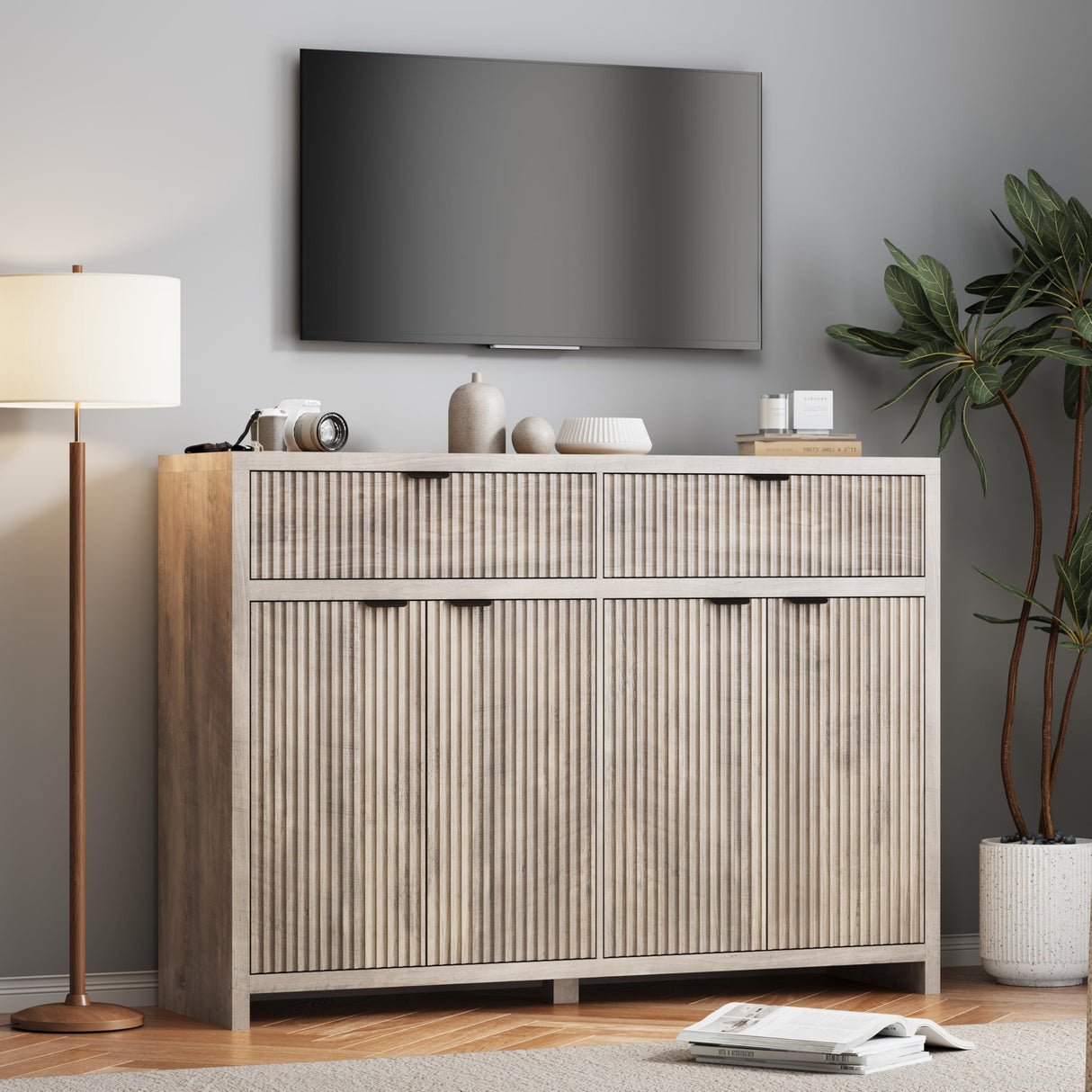 Boonatu Fluted Sideboard Buffet Cabinet with Storage Drawers, 55" Large Accent Storage Cabinet with Doors and Adjustable Shelf, Modern Farmhouse Credenza for Entryway, Kitchen, Living Room - Gray Boonatu