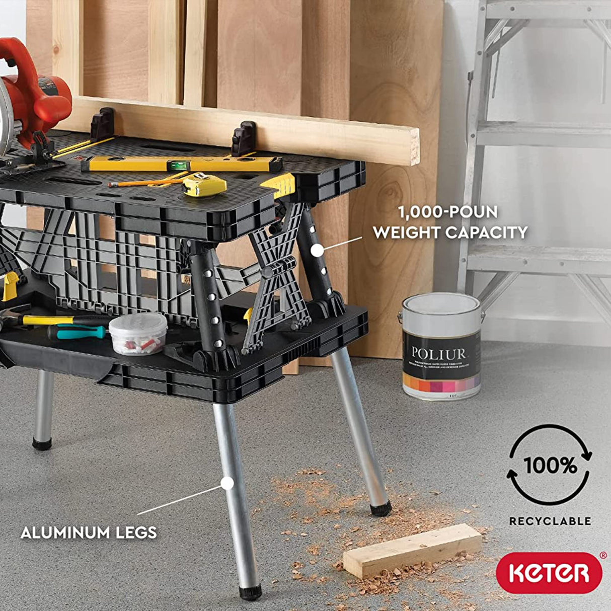 Keter Folding Portable Table Tool Stand Workbench with 2 12" Wood Clamps for Miter Saws, Home Improvement, and Construction, Black & Yellow (2 Pack) Keter