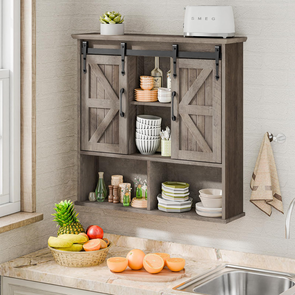 Vabches Bathroom Wall Cabinet, Farmhouse Wooden Medicine Cabinet with Double Sliding Barn Door and Adjustable Shelves, Farmhouse Storage Cabinet Wall Mounted for Bathroom, Kitchen Dining, Washed Oak Vabches