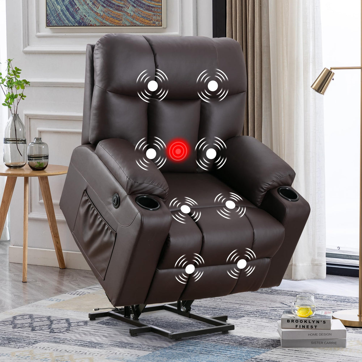 Bonzy Home Oversized Power Lift Recliner Chair for Elderly, Faux Leather Lift Chair with Heated and Massage, Extra Wide Single Sofa with 2 Cup Holders, Side Pockets, USB Port, Brown Bonzy Home
