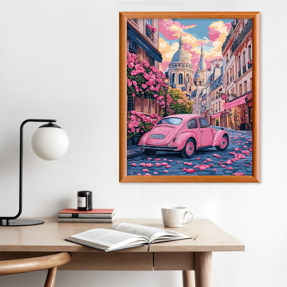 Lxmsja Pink Car Paint by Numbers Kit for Adults, Paris Street Acrylic Paint by Numbers for Adults Beginner, DIY Craft Supplies Oil Painting Kits for Home Wall Decor 16x20 inch (No Frame) Lxmsja