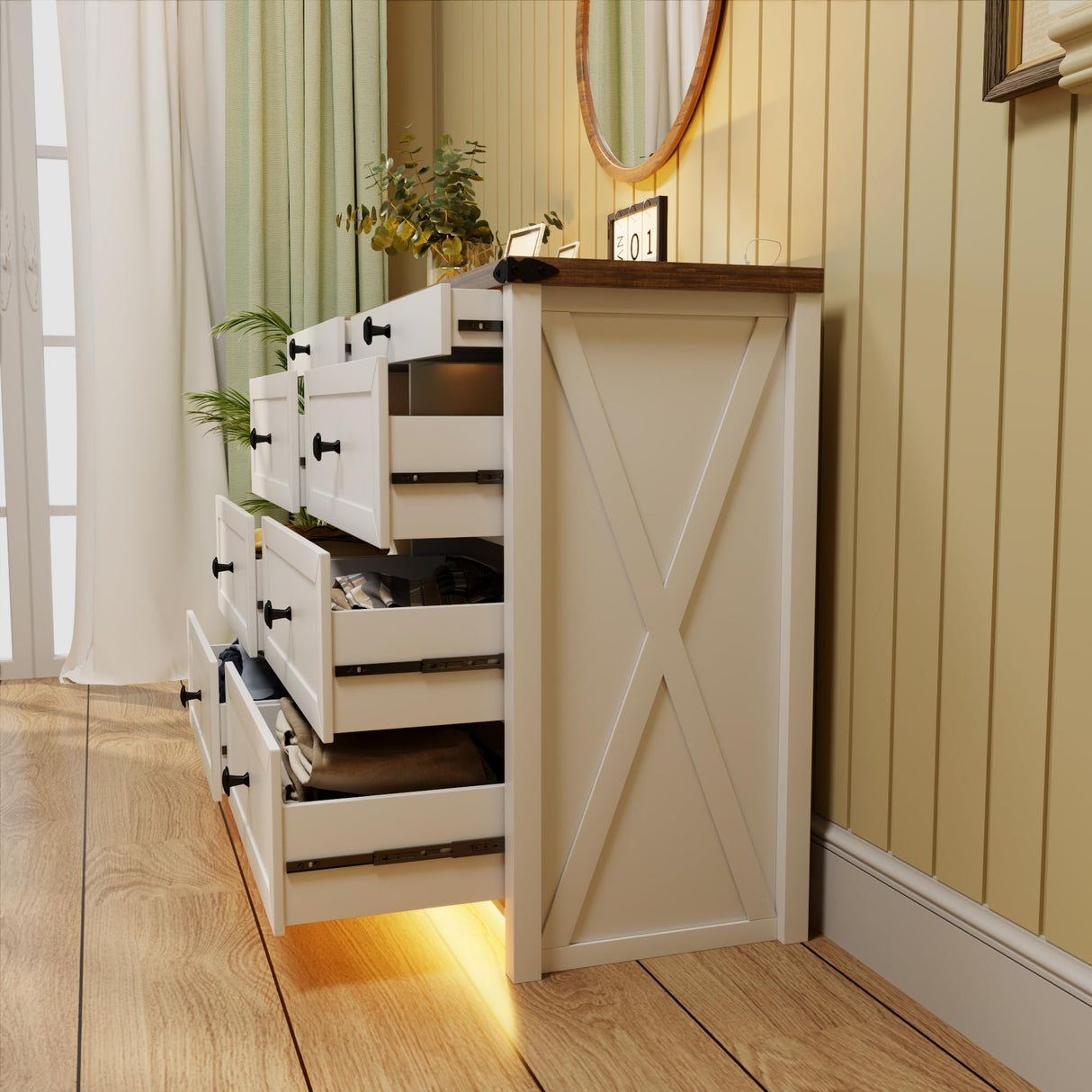 FREDEES Farmhouse 8 Drawers Dresser for Bedroom, Wood Tall Chest of Drawers with LED Light/Charging Station/Human Sensor, Dressers Organizer for Closet, Living Room, Hallway, White FREDEES