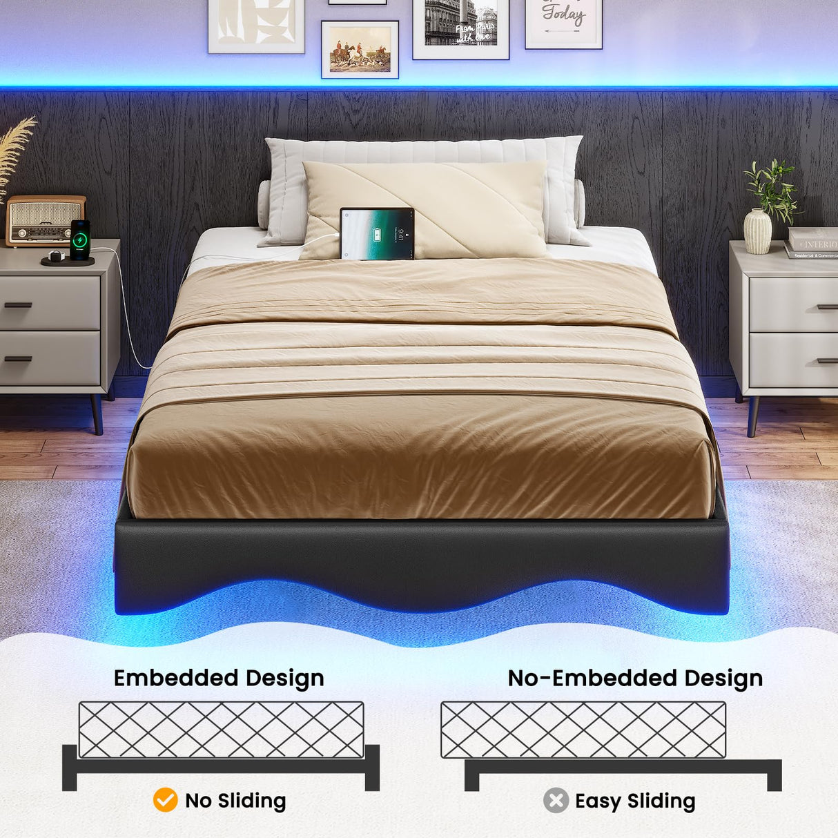 AOGLLATI Twin Floating Bed Frame with Built-in Charging Station & RGB LED Lights - Black AOGLLATI