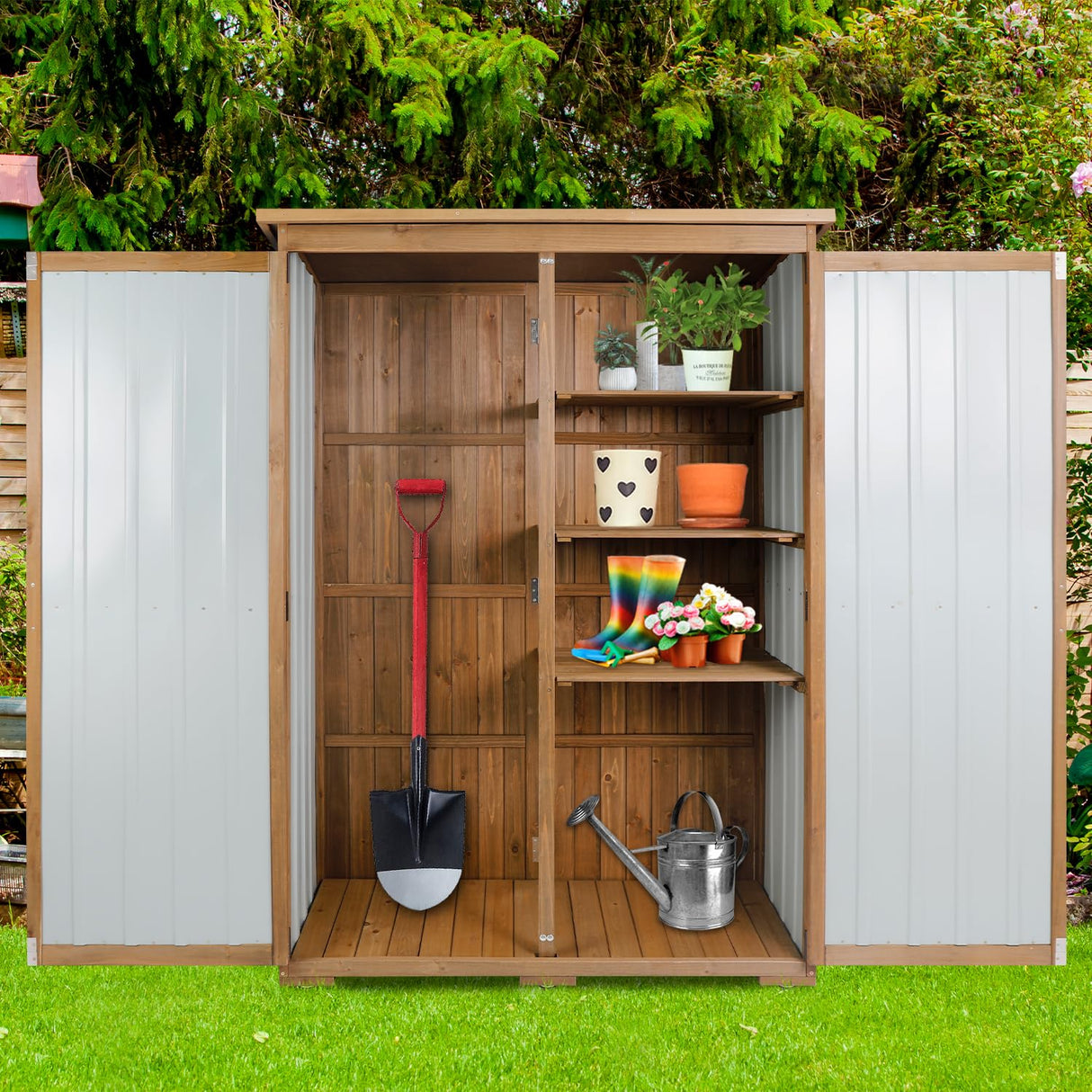 Ketive Outdoor Storage Cabinet Wood & Metal, Storage Shed Waterproof Double Lock for Anti-Theft Removable Shelves Adjustable Feet Wooden Floor for Patio, Garden, Lawn Pool Storage, 46" X 18" X 68" ketive