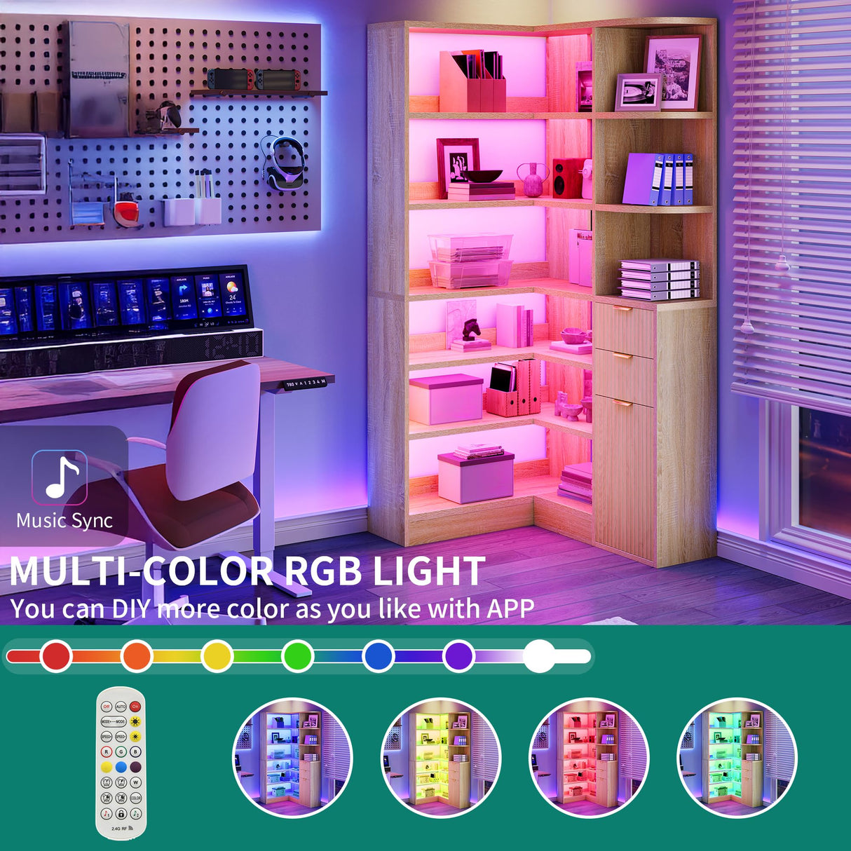 YITAHOME Corner Bookshelf with Storage, Fluted 6-Tier Bookshelf with Drawers and Cabinets L-Shaped Bookcase LED Lights Corner Display Shelf for Home Office, Living Room, Bedroom YITAHOME