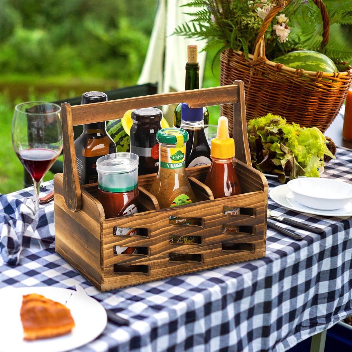 Noamus Silverware Caddy with Handle, 4 Compartments Wooden Flatware Utensil Holder, Cutlery Organizer Napkin Storage for Countertop, Kitchen Bathroom Bedroom, Farmhouse Decor, Party Camping Picnic Noamus