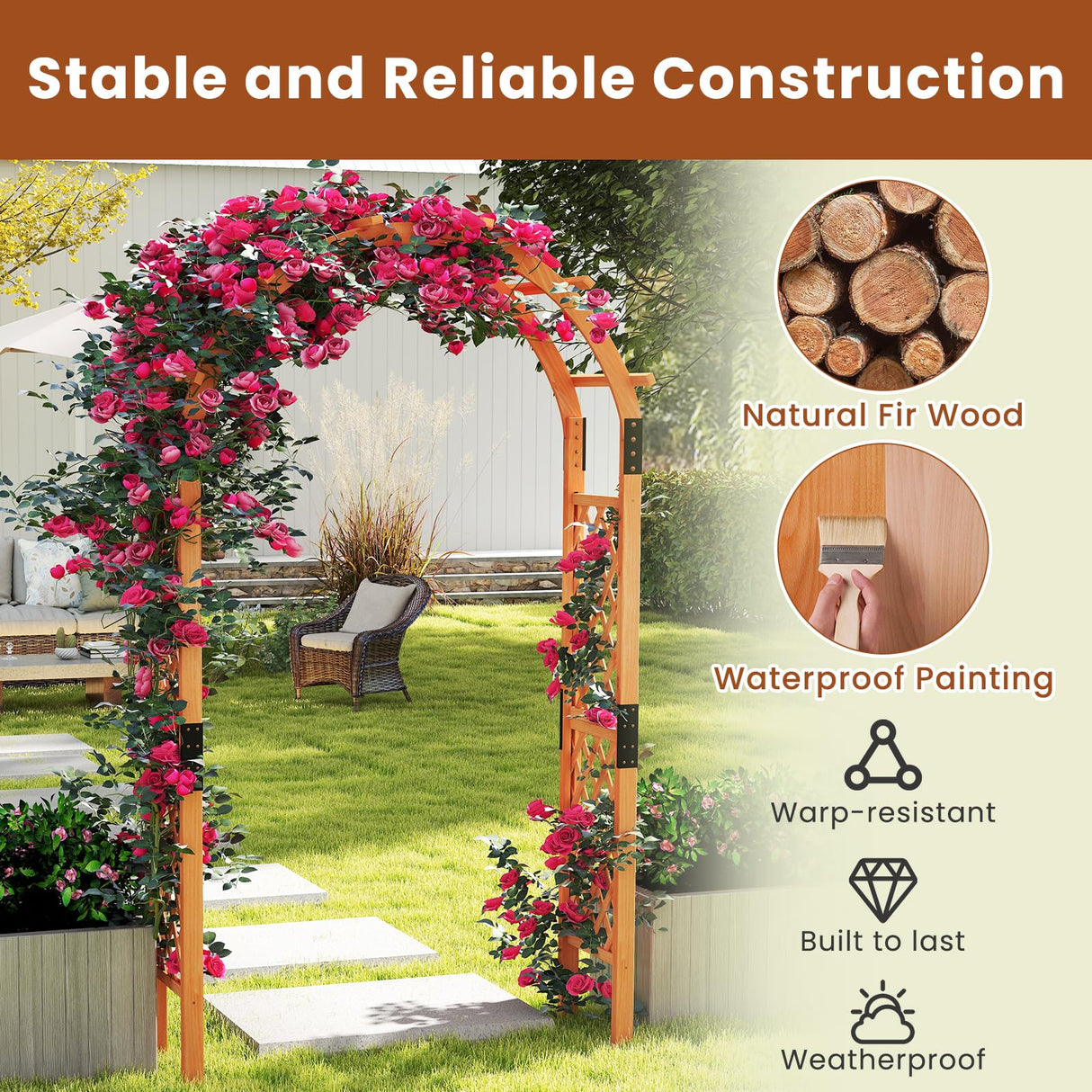 HAPPYGRILL 7.7 FT Wooden Garden Arbor, Outdoor Wood Garden Trellis for Climbing Plants, Wedding Arch Pergola for Ceremonies Parties, Solid Wood Backdrop Stand, Greenhouse Patio Lawn Decoration HAPPYGRILL