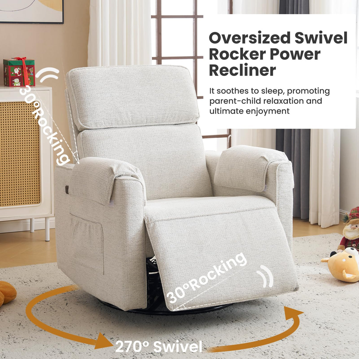 Oversized Power Recliner Chair Swivel Glider with Adjustable Headrest, Swivel Rocking Recliner Chair for Adults, 26" Extra Wide Glider Nursery Chair with Overstuffed Armrest, USB Ports, White RUTOX