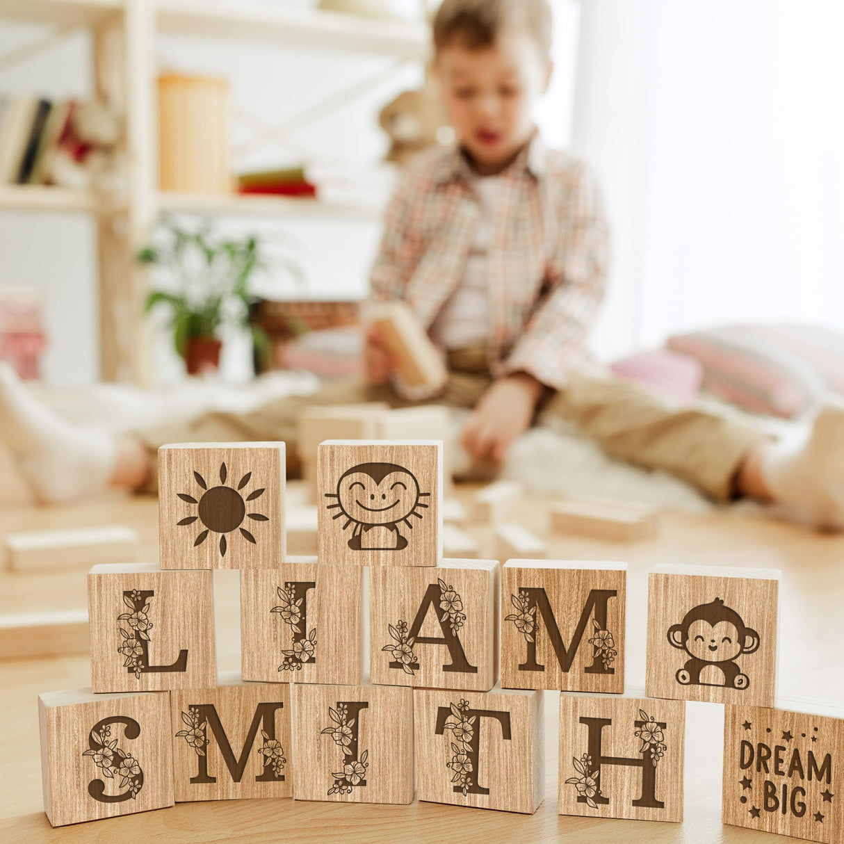 Custom Wooden Name Blocks, Engraved Nursery Flowers Name Sign, Custom Nursery Décor, Custom Name Wood Blocks, Wooden Name Signs for Nursery, Montessori Décor Engraved on Solid Wood, Name Wood Blocks Custom Empire Shop