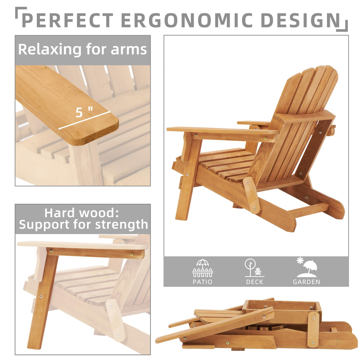 Oversized Outdoor Wooden Folding Adirondack Chair with Retractable Ottoman, Pre-Assembled BackRest & SeatBoard, Wood Patio Chair for Garden Backyard Porch Pool Deck Firepit SoliWood