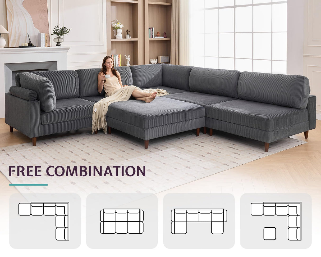 Jocisland Modular Sectional Sofa, 44" Deep Seat Modular Sofa, Oversized 6-Seater Sectional Couch for Plus-Size & Big Families, Grey Corduroy Living Room Couch, Easy Assembly Jocisland