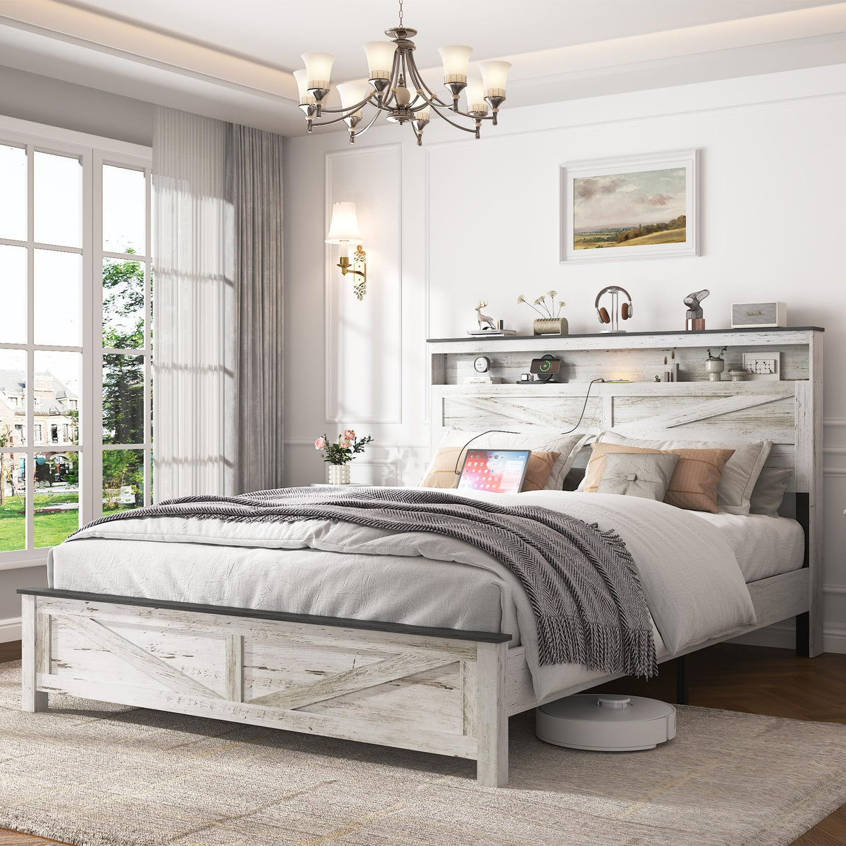 madeslves Farmhouse Wooden Bed Frame Queen Size with Storage Headboard, Boho Platform Bedframe with LED Lights and Charging Station, Metal Slats Support, No Box Spring Needed, White madeslves