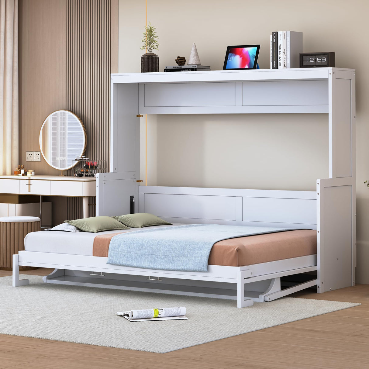 Ball & Cast Horizontal Murphy Bed Full Size,Hidden Folding Wall Bed Frame with Hydraulic Lift&Desk,Wood Cabinet Platform Bed can be Folded into Desk,Space Saving for Bedroom,Guest Room,Apartment,White Ball & Cast