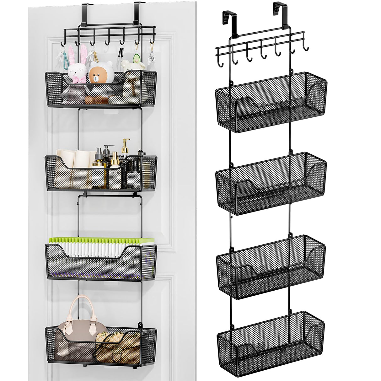 HapiRm Over The Door Organizer - Hanging Door Organizer with 4 Metal Large Capacity Baskets and Adjustable Coat Hook for Bathroom Bedroom Kitchen Pantry Closet Cabinet HapiRm