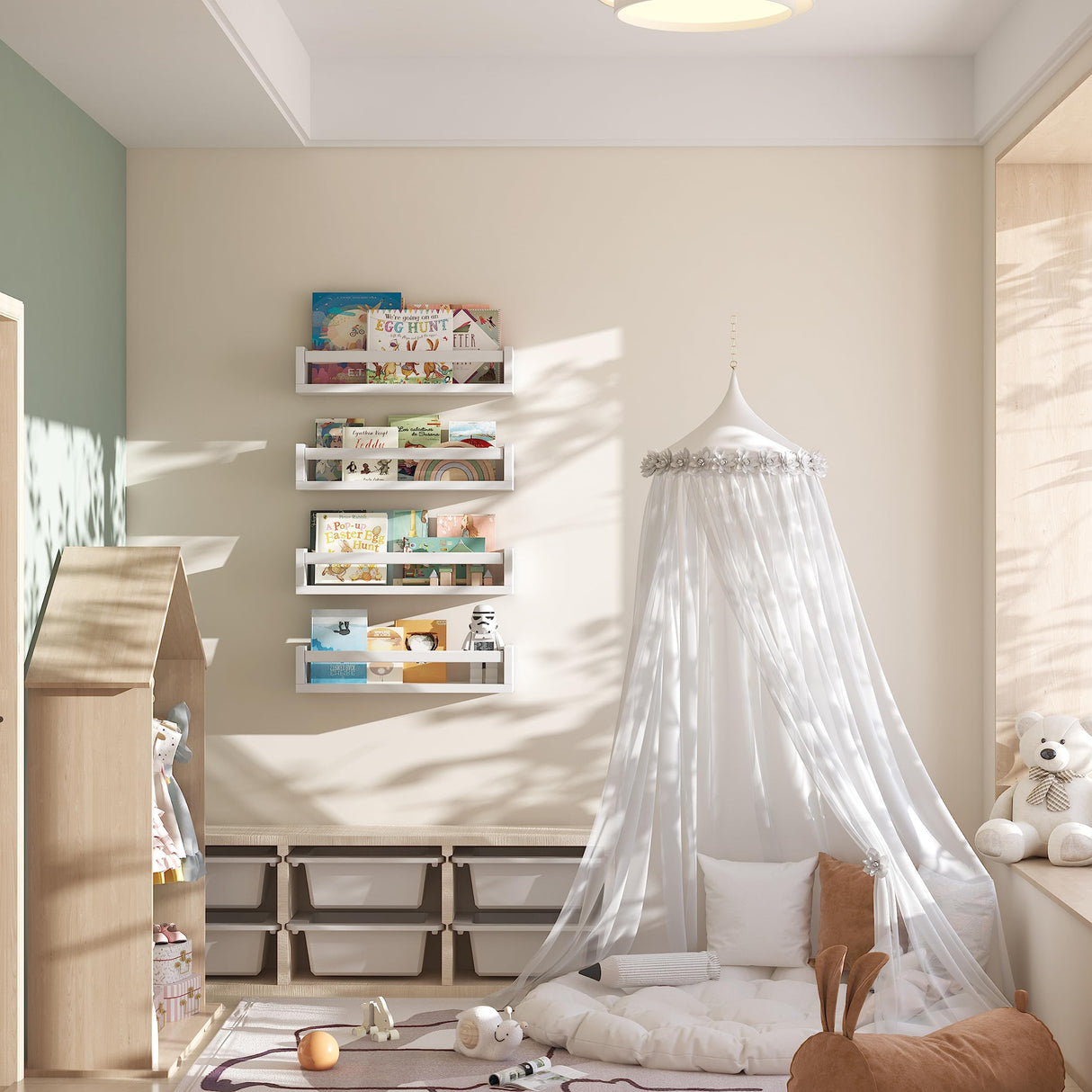 Onlysky Set of 4 Wall-Mounted Kid's Bookshelf - White Floating Nursery Book Shelves - Durable Wood Construction - Ideal for Nursery Decor, Kids Room, Toy Storage Onlysky