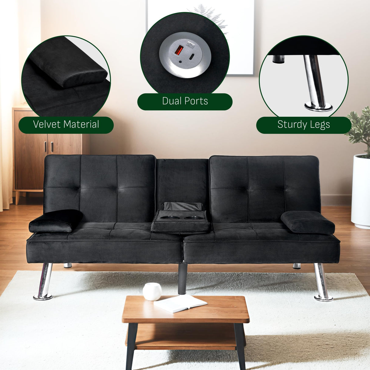 FLEXISPOT XCT3 Futon Sofa Bed - Folding Convertible Sleeper Couch w/ 2 USB Charging Ports, 2 Cup Holders, Removable Armrests, Adjustable Guest Bed for Apartments Living Room, Black FLEXISPOT