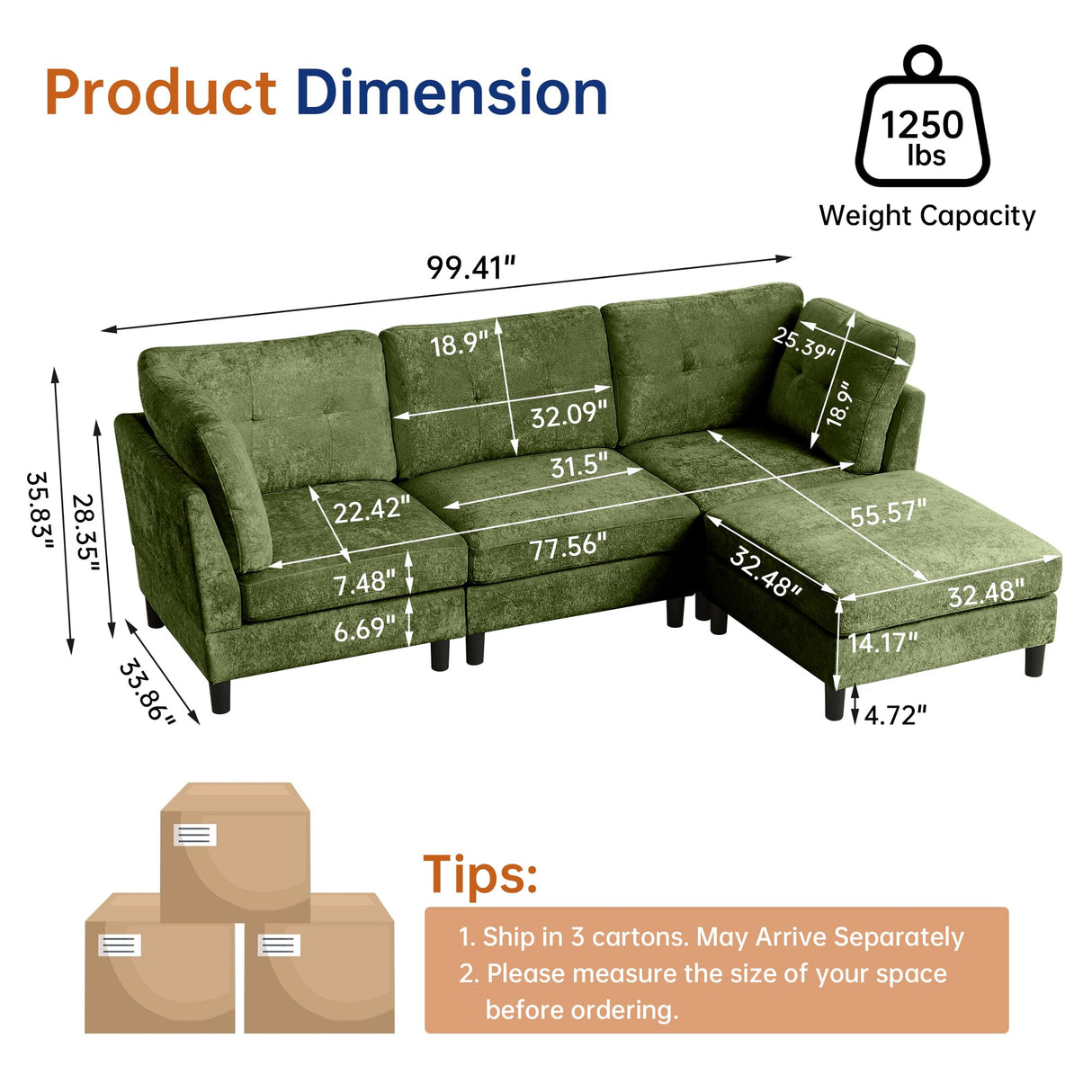 Portaforta 100" Oversized Sectional Couches for Living Room, Modular Sectional Sofa Couch, Modern Linen L Shaped Couch, 4 Seater Convertible Sofa for Living Room Apartment Office, Green Portaforta