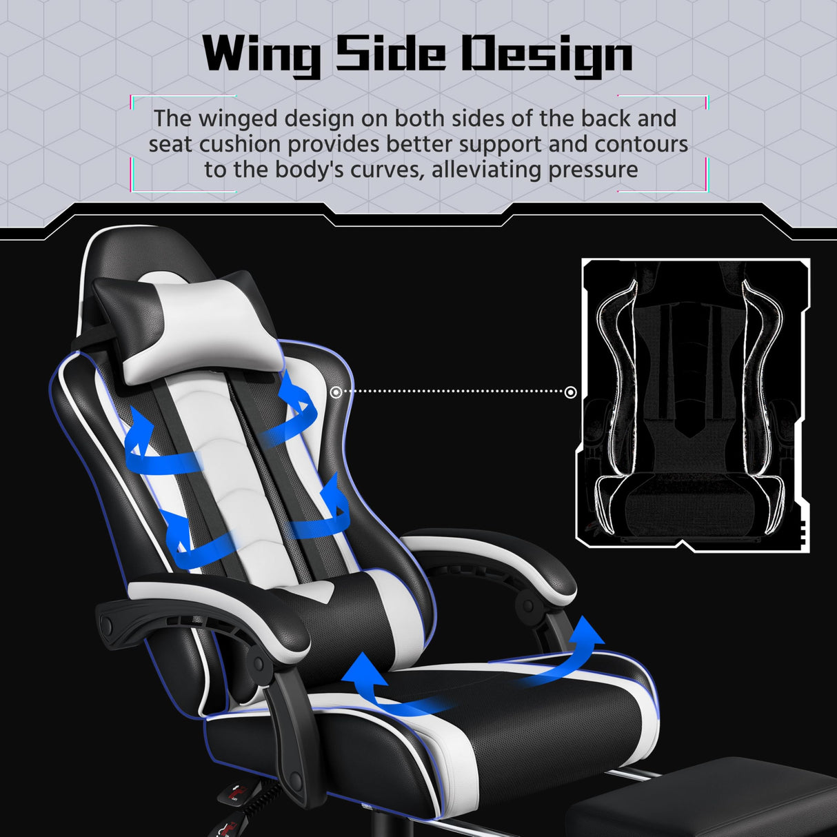 Yaheetech Gaming Chair, Video Game Chair with Massage Lumbar Support and Footrest Height Adjustable Ergonomic Computer Gaming Chair with Swivel Seat and Headrest, Black/White Yaheetech