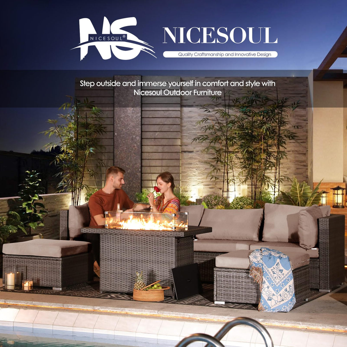 NICESOUL® 29.3'' High Back Plus Size Rattan Outdoor Patio Furniture Sectional Sofa Sets with Natual Gas/Propane Fire Pit Table, Outdoor Wicker Conversation Couch Sets Grey 9 Piece NICESOUL
