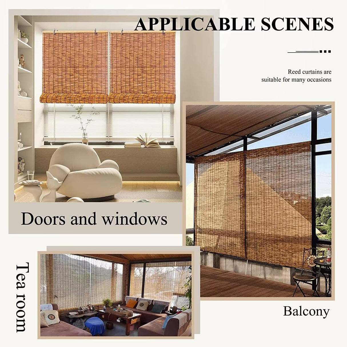 BAYUE Bamboo Reed Roller Blinds, Patio & Porch Blackout, UV Protection, Eco-Friendly, Heat Insulation, Semi-Sheer, Brown, 34"W x 48"H, Manual Lift, Outside Mount, Top Control, Rectangular, 1 Pack BAYUE