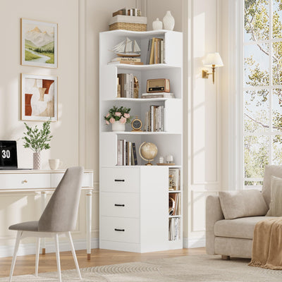 FACBOTALL 76.8” Corner Bookshelf with 3 Drawers and 3 Side Storage Cubbies, L Shaped Tall Bookshelf and Bookcase, 4 Tier Corner Bookcase, Wood Narrow Book Shelf for Living Room, Office, White