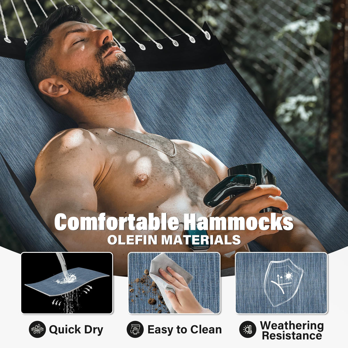 Patio Watcher 13 FT Quick Dry Olefin Hammock - Outdoor Double Hammock with Metal Curved Spreader Bars - 450 lbs Capacity - Dark Blue Patio Watcher