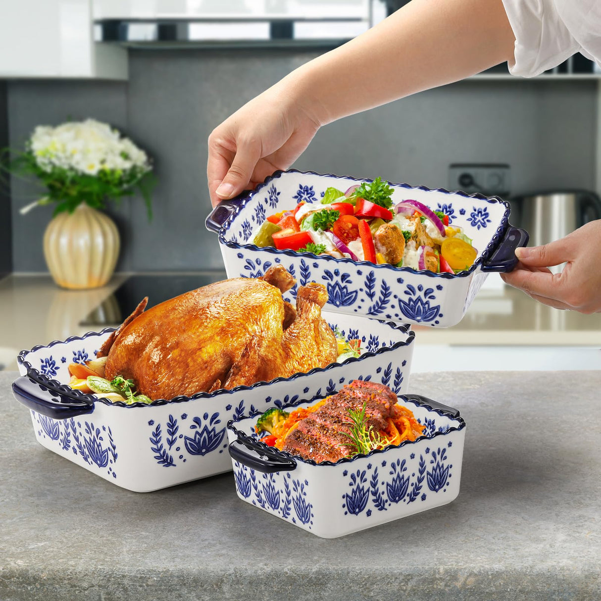 SOUJOY 3 Pack Porcelain Bakeware Set, Rectangular Baking Dishes, Lasagna Pan for Cooking, Kitchen, Casserole Dishes, Cake Dinner, Banquet and Daily Use SOUJOY