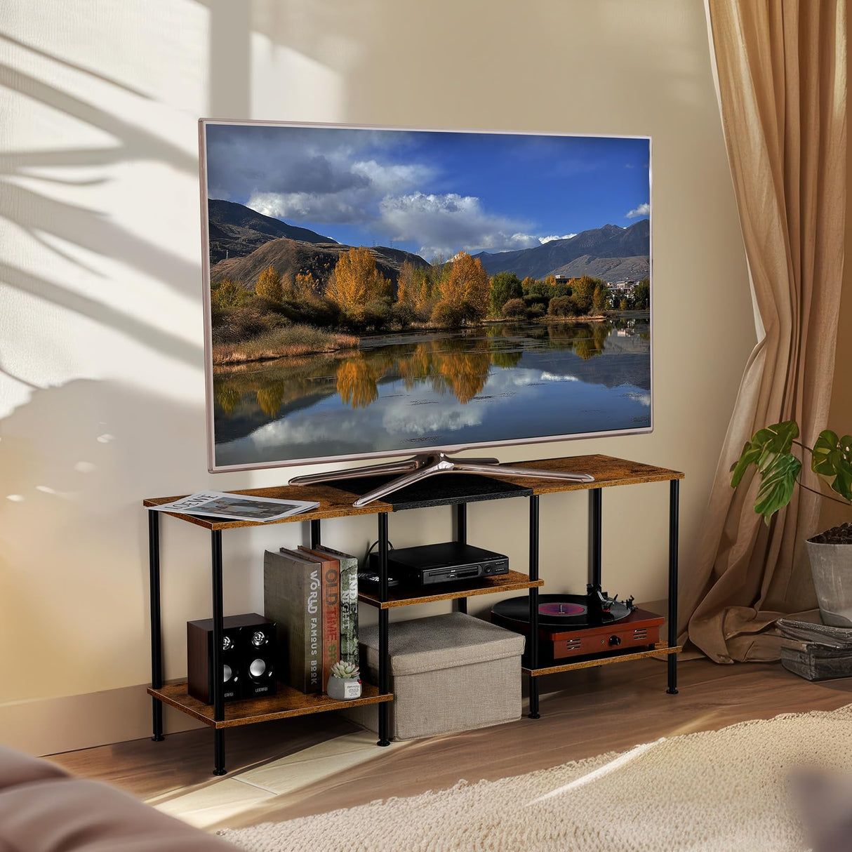 TV Stand for Bedroom 50 Inch TV Stand with Power Outlet 3 Tier Entertainment Center with Storage TV Console Table for 50 43 40 32 Inch TV, Rustic Brown Luplom