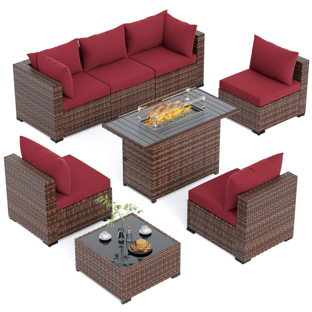 UDPATIO Outdoor Patio Furniture Set with Fire Pit Table, 8 Piece Outdoor Sectional Sofas, All-Weather Wicker Patio Conversation Set for Garden, Backyard Wine UDPATIO