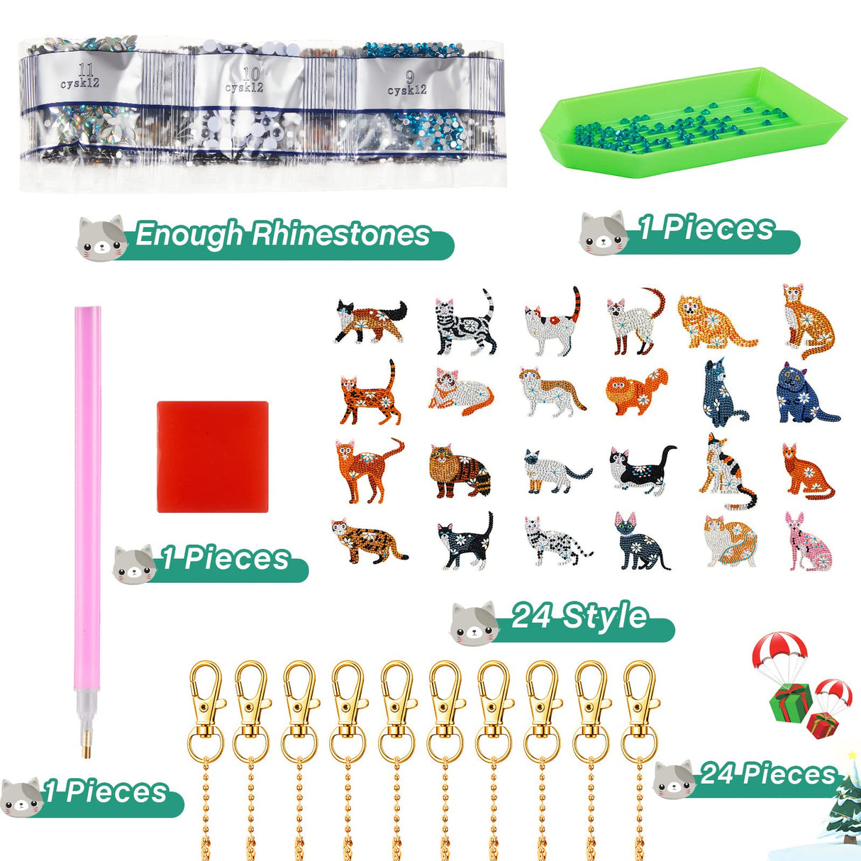 Henoyso 24 Pcs Cat Diamond Painting Keychains Diamond Art Key Chains DIY 5d Double Sided Drill Kit Painting Ornaments Set for Adult Art Craft Supplies Gift Accessories Henoyso