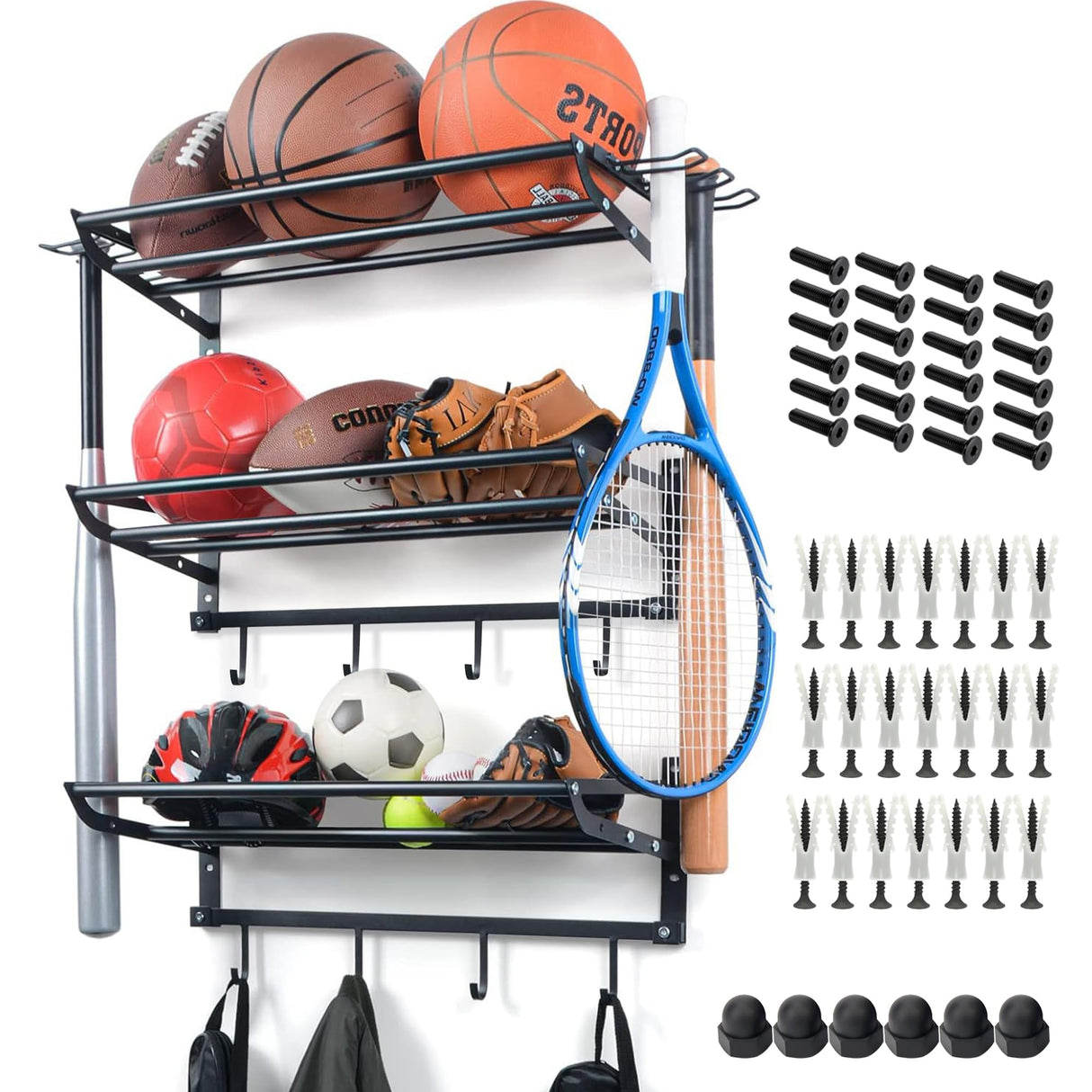 FelRelWel Garage Sports Equipment Storage Rack with Separate Shelf, Ball Rack, Sport Equipment Organizer withHooks for Badminton Racket, Basketball Rack for Basketball Football Rugby FelRelWel