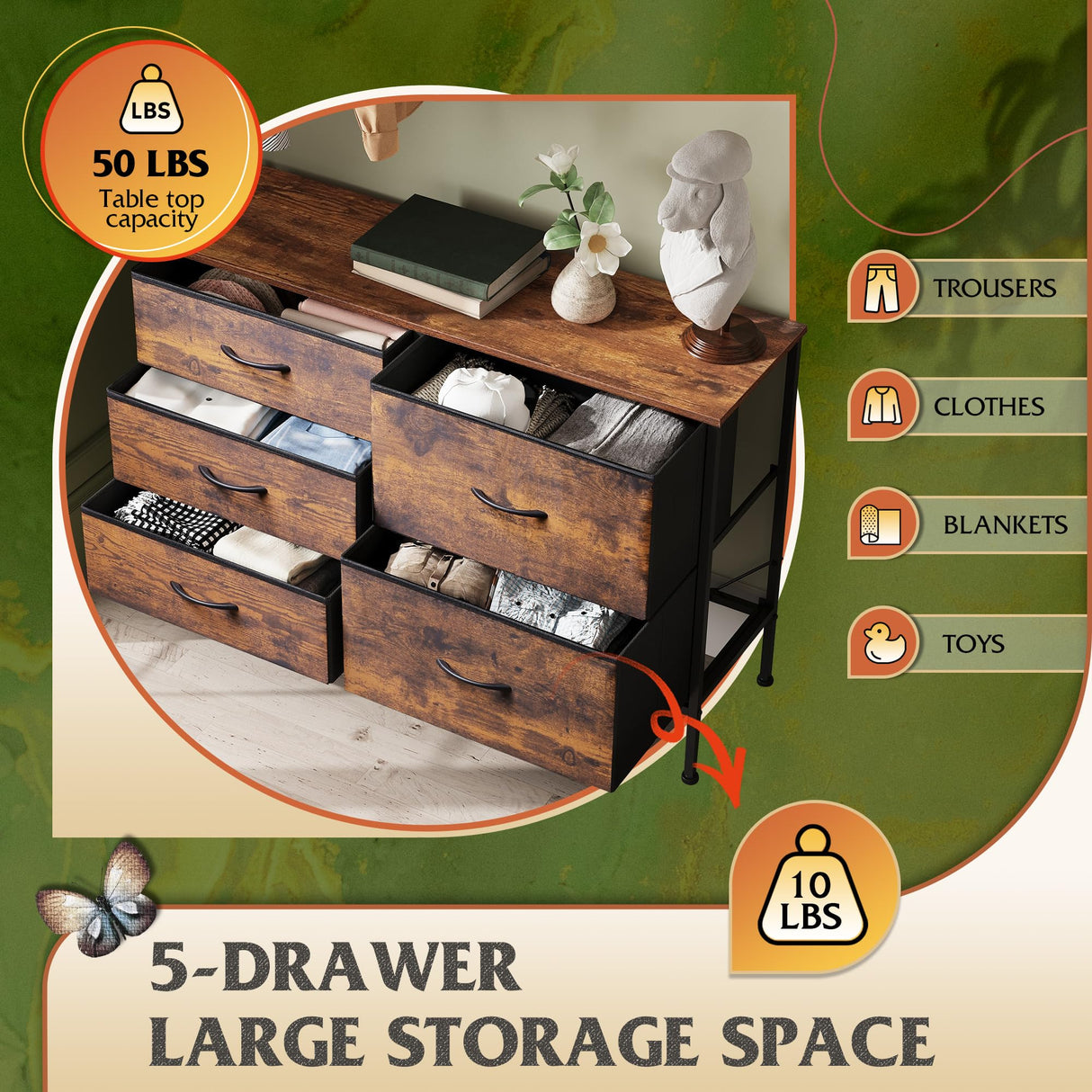 WLIVE Dresser for Bedroom with 5 Drawers, Wide Bedroom Dresser with Drawer Organizers, Chest of Drawers, Fabric Dresser for Living Room, Closet, Hallway, Rustic Brown Wood Grain Print WLIVE