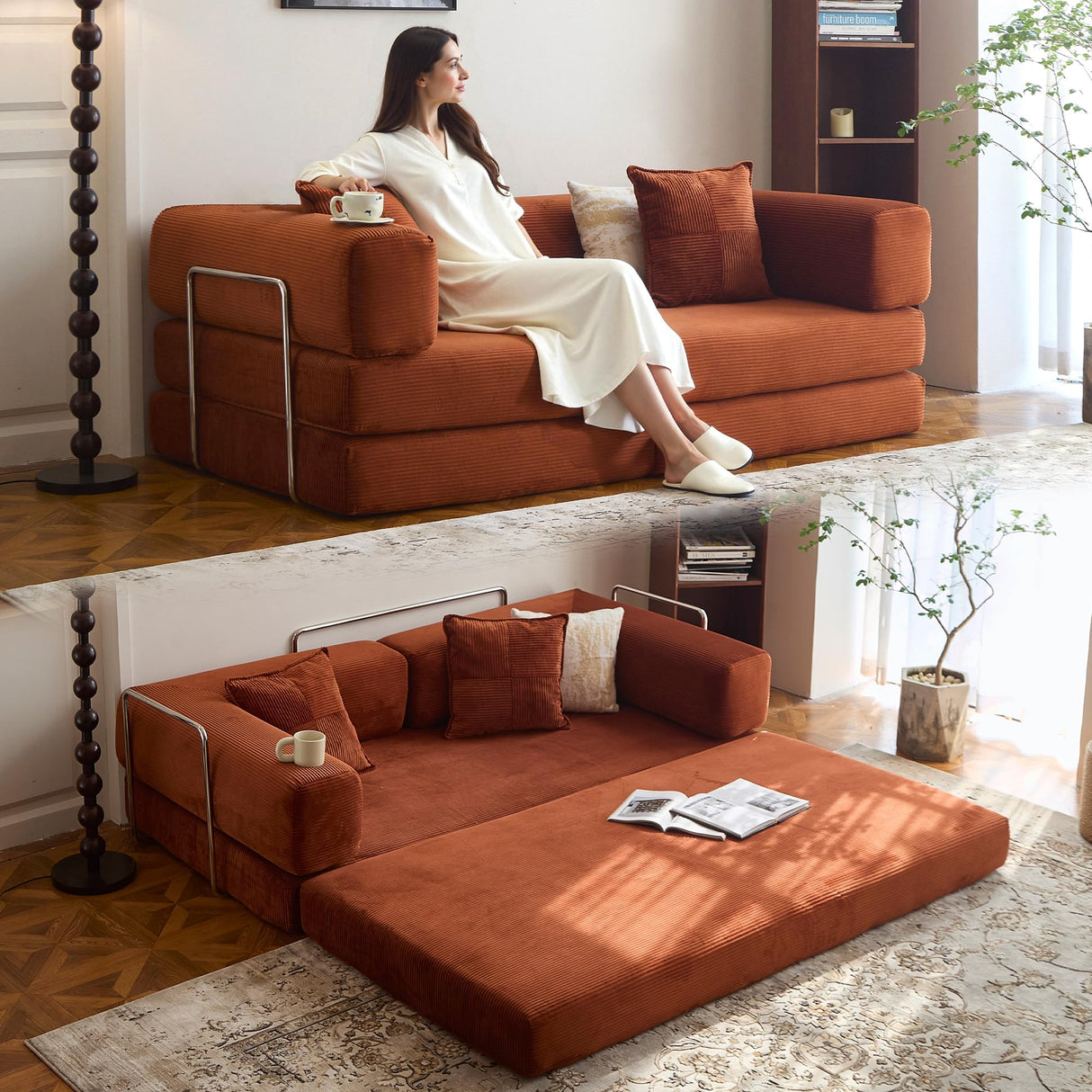 LIAROO 78.8" Convertible Sofa Bed - Compression Sofa with Corduroy Fabric - with Armrests and Backrest - Modular Sectional for Living Room, Bedroom, Studio - Compression Sofa in Box (Orange) LIAROO