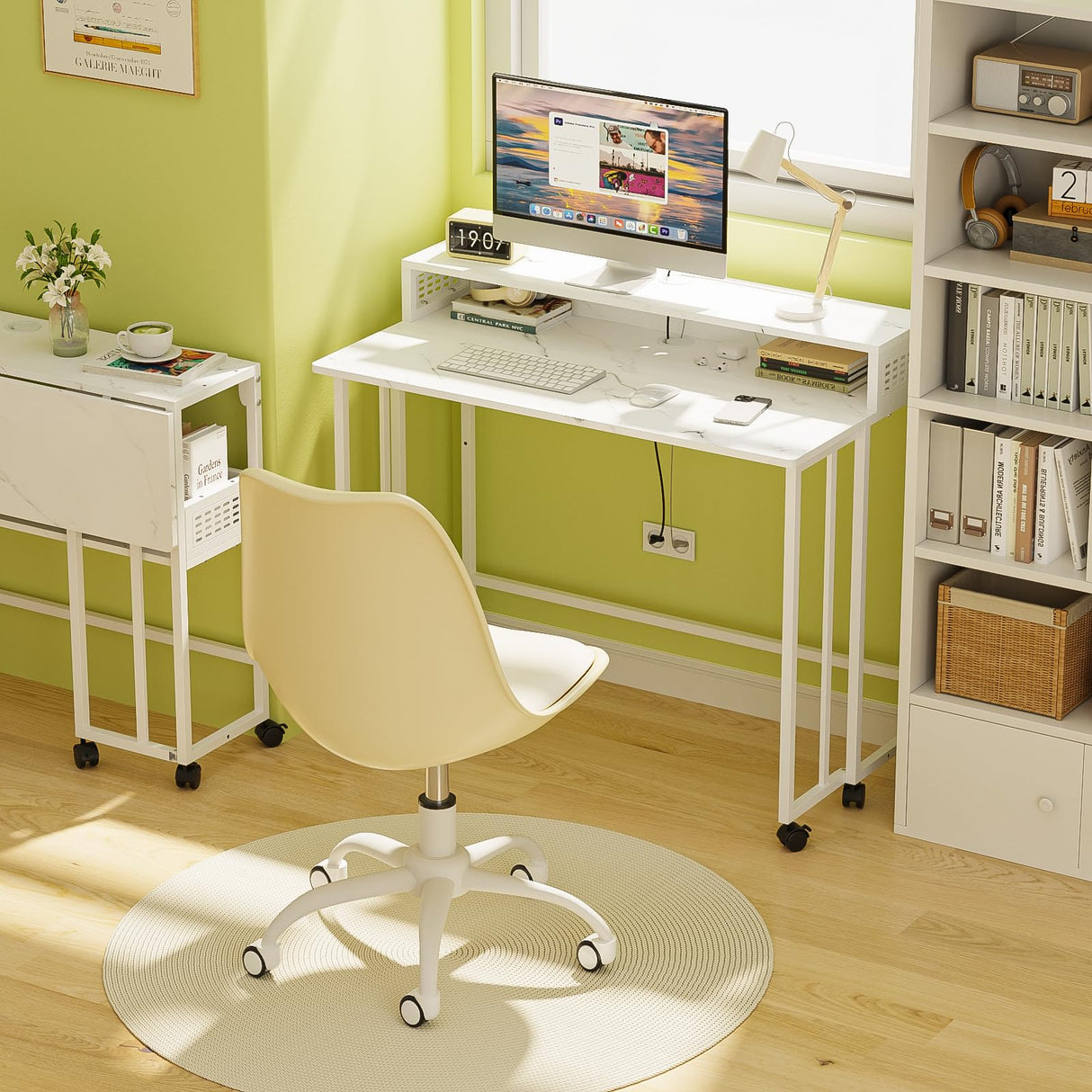 Gezen Folding Desk with Storage Shelf, Small Rolling Desk with Wheels, Mobile Couch Desk Sofa Side Table Bed Desk for Home Office Small Space, White Marble, 31.5" Gezen