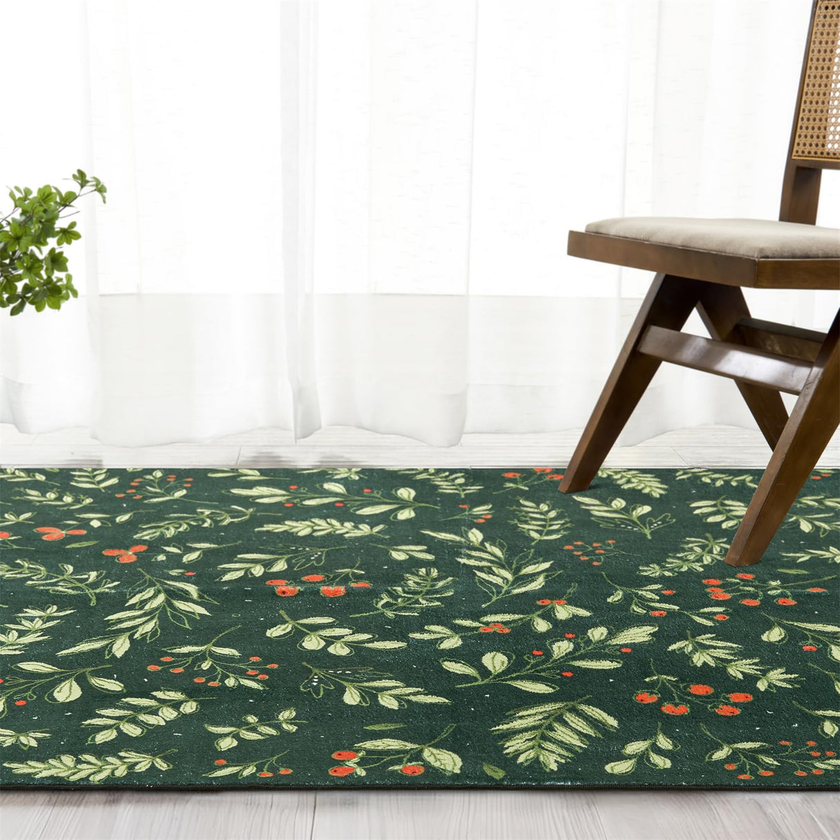 Washable Vintage Floral Christmas 4x6 Area Rugs Non Slip - Low Pile Soft Xmas Tree Red Berries Holly Branches Festive Winter Christmas Area Rug Accent Carpet for Kitchen Bedroom Living Room Entryway RoomTalks