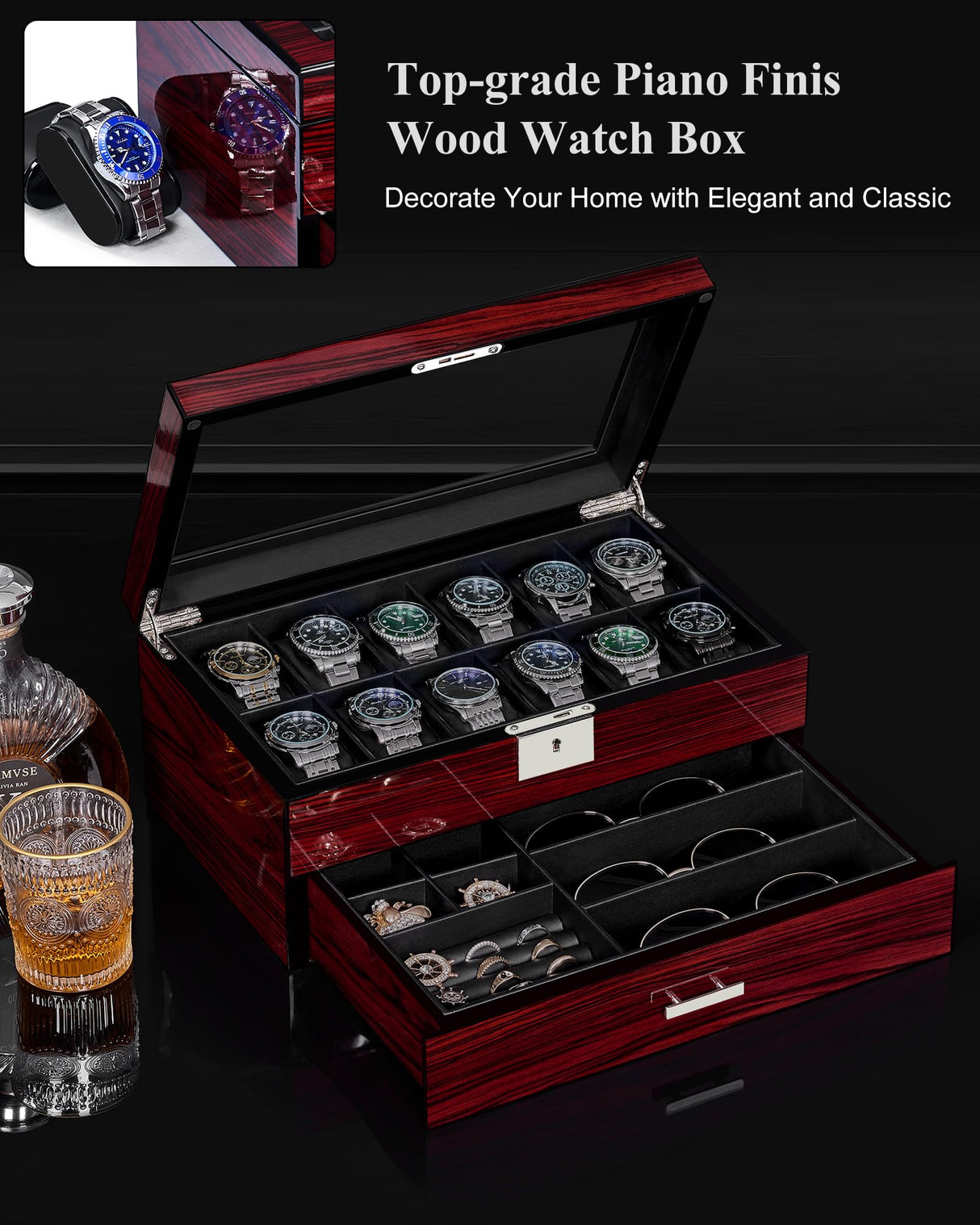 ANWBROAD Watch Box Storage Watch Cases for Men with Large Glass Lid 2-Tier Wood Watch Display Case Lockable Watch Organizer Giftable Luxurious Watch Holder for Women UJWB003Y ANWBROAD