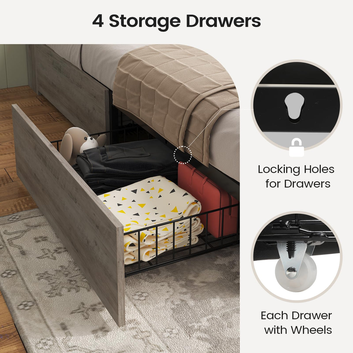 AOGLLATI Farmhouse Full Size Bed Frame with 4 Storage Drawers and Charging Station, Wooden Full Bed Frame with Hidden Space Bookcase Headboard and Led Lights & Metal Slats, Gray AOGLLATI