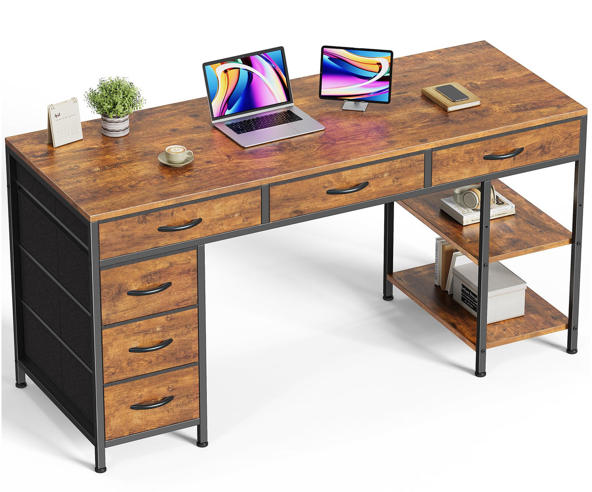 Huuger Computer Desk with 6 Drawers, 54 Inch Office Desk with Shelves, Reversible Gaming Desk, Corner Desk with Storage, Work Desk for Home Office, Study, Living Room, Rustic Brown Huuger