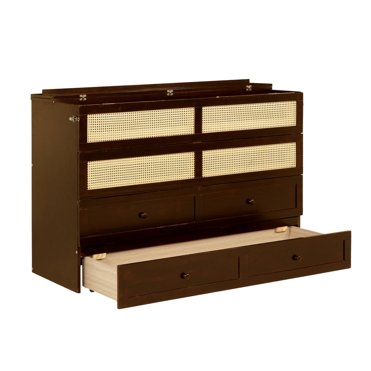 Ball & Cast Hideaway Cabinet Bed Queen Size,Wood Rattan Murphy Bedframe with Storage Drawer,Wall Platform can be Folded up,Space-Efficient Design,for Apartment,Bedroom,Walnut Ball & Cast