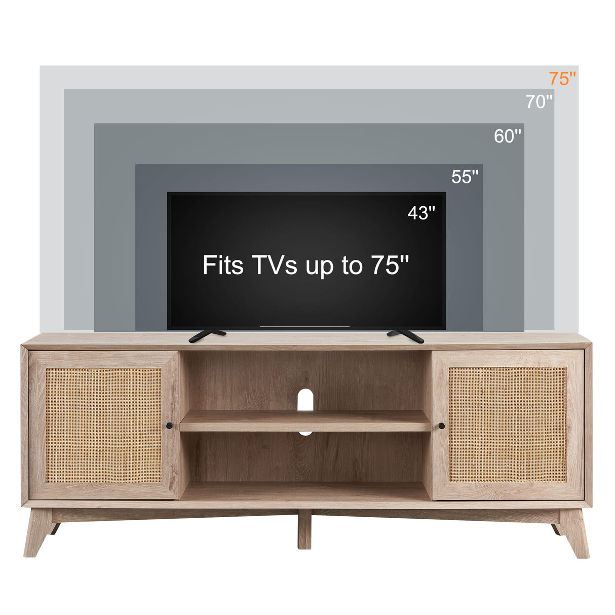 OKD TV Stand for 75+ Inch TV, Mid Century Modern Entertainment Center with Natural Rattan Door, Storage Shelves, Large Boho Media TV Console, Long Television Stand for Living Room, Oak OKD