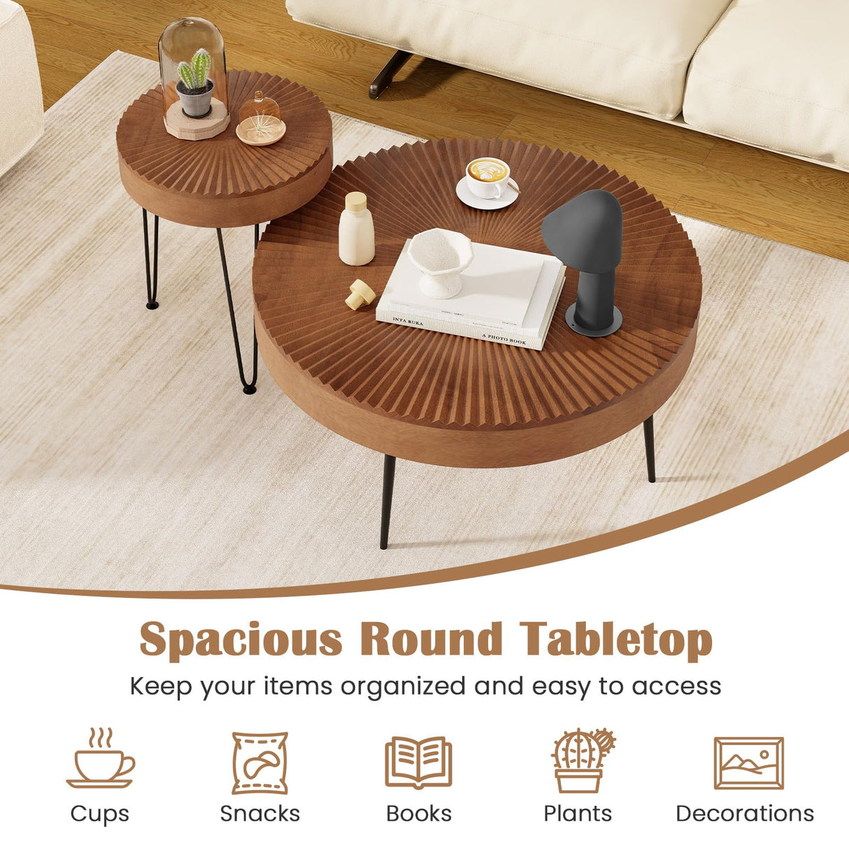 COSTWAY Farmhouse Round Coffee Table Set of 2, Rustic Sofa Side Tea Tables w/Wood Finish, Metal Frame, Adjustable Foot Pads, Nesting End Table Set for Living Room, Bedroom (Radial Pattern, Brown) COSTWAY