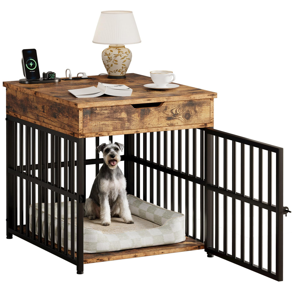 IRONCK Dog Crate Furniture for Small Dogs, Wooden Dog Kennel with Flip Top Drawer, Indoor Pet Crate End Table with Charging Station, Steel-Tube Dog Cage, Rustic Brown IRONCK