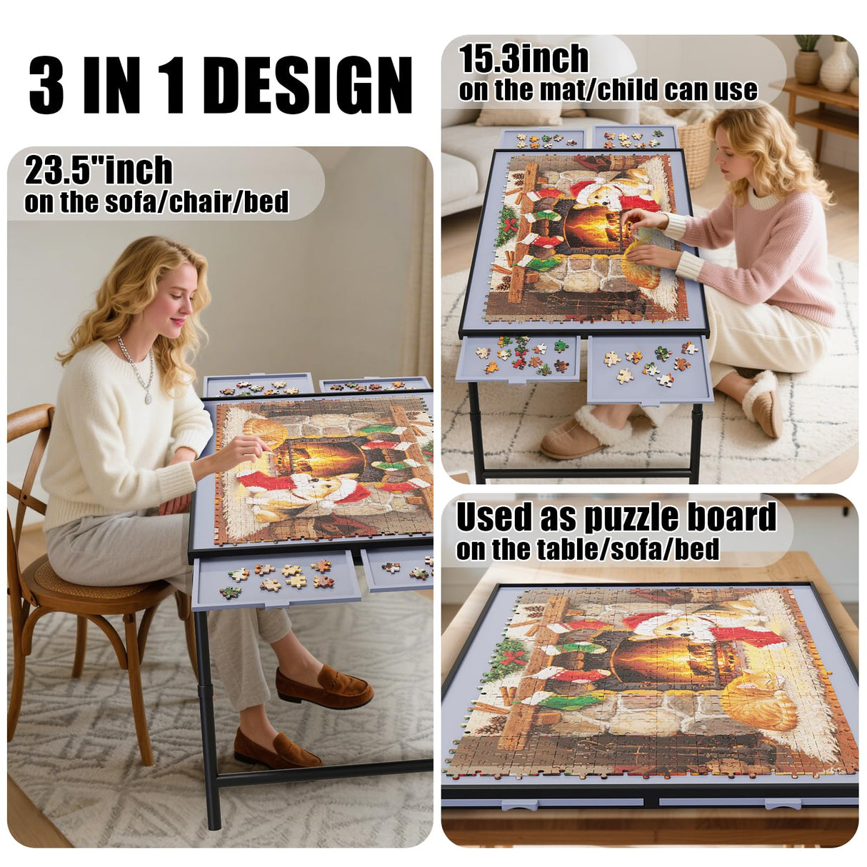Puzzle Table with Drawers Adjustable Height 1500pcs,Foldable for Storage 3 in 1 Jigsaw Puzzle Table with Legs,Puzzle Tables for Adults with Drawers Doerpuz