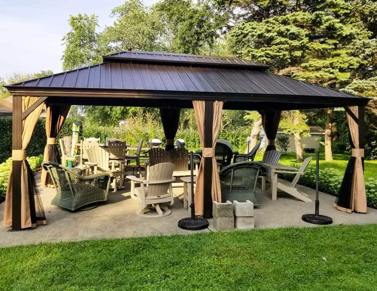 PURPLE LEAF 12' X 20' Outdoor Hardtop Permanent Galvanized Steel Gazebo Double Roof Canopy Aluminum Frame Patio Garden Pavilion with Netting and Curtains PURPLE LEAF