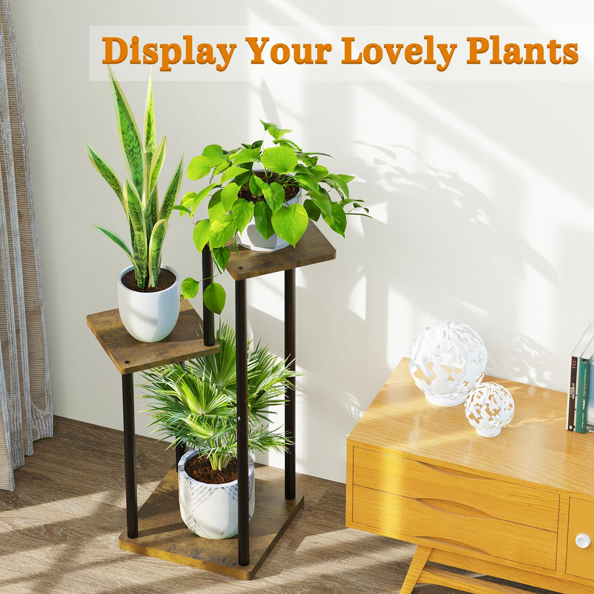 Oppro 3 Tier Plant Stands Indoor, Metal Wood Tiered Corner Plant Stand Pot Holder, Wood Flower Shelf Display Rack for Living Room Bedroom Outdoor Balcony Garden Patio, Black Oppro
