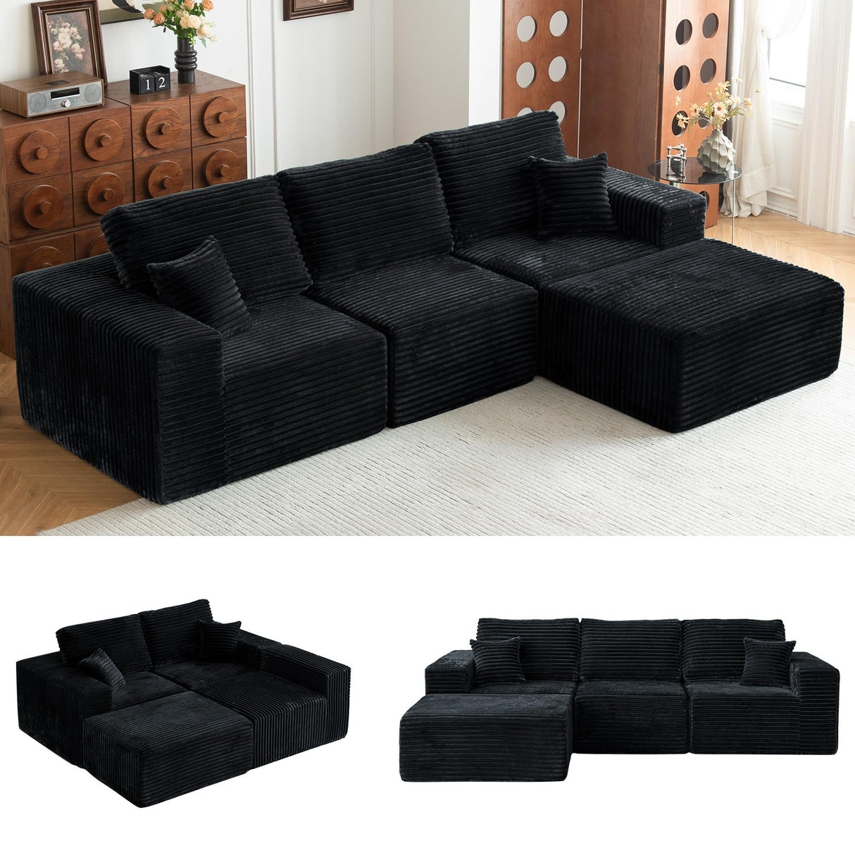 MODNEST 108" Modular Sectional Sofa Cloud Couch with Deep Seats, L Shape Foam Couch with Chaise and Movable Ottoman, Sectional Couches for Living Room, Comfy Boneless Sofa No Assembly, Black MODNEST