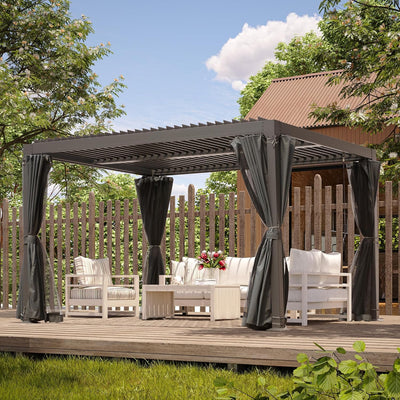 10' × 10' Louvered Pergola, Outdoor Aluminium Canopy with Adjustable Roof Curtains and Netting for Patio, Deck, Garden, Yard, Beach. (Black)