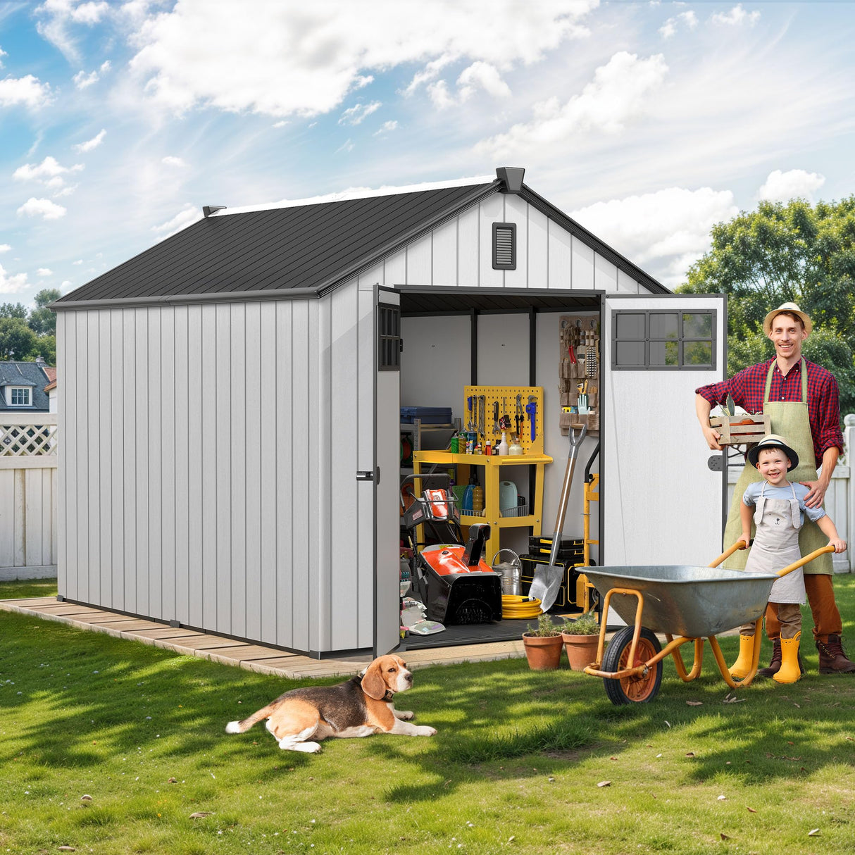 DWVO 8x10 FT Outdoor Storage Shed, 544 cuft Plastic Storage Shed with Floor & Lockable Door, All-Weather Tool Garden Shed with Window & Vent for Patio Furniture, Lawn Mower, Pool Supplies, Dark Gray DWVO
