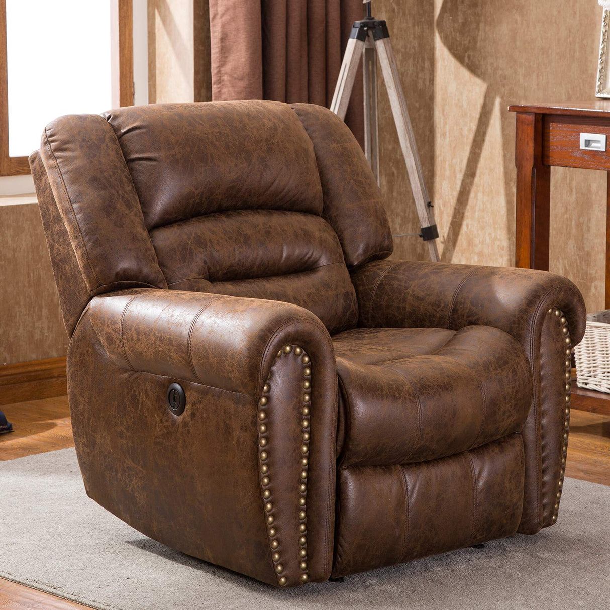 ANJ Electric Recliner Chair W/Breathable Bonded Leather, Classic Single Sofa Home Theater Recliner Seating W/USB Port (Nut Brown) ANJ