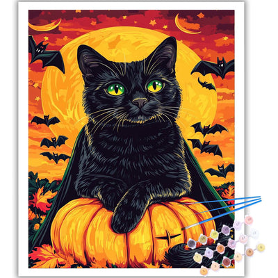 Gemozaic Halloween Paint by Numbers Kit for Adults Beginner- Black Cat Adult Paint by Number Kits on Canvas, Halloween Acrylic Oil Painting by Numbers Kits for Home Wall Decor 16X20 Inch
